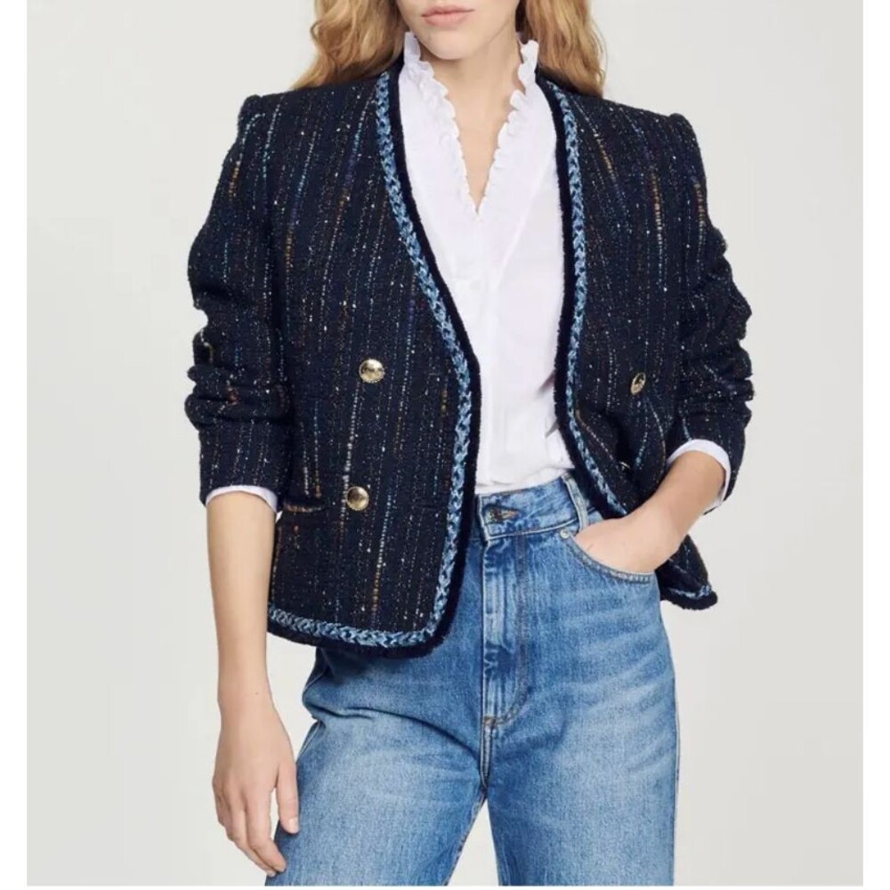 Sandro Colibri Tweed Double-Breasted‎ Jacket 38 EU 6 US Navy Long Sleeve Button